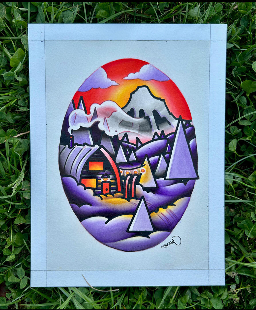 Purple Cabin Original Painting, Acrylic and ink on illustration board, Painting Size- 5x7", Framed and Matted Size- 8x10"