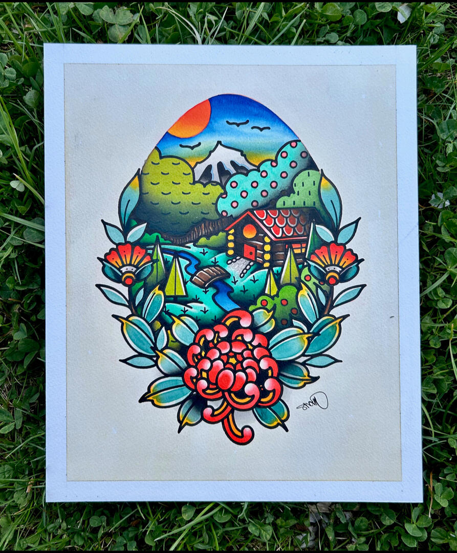 Summer Original Painting, Acrylic and ink on illustration board, Painting Size- 8x10", Framed and Matted Size- 12x16"