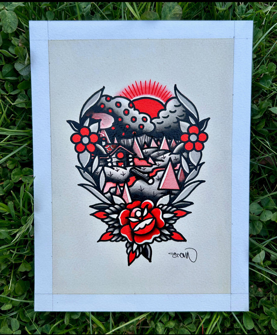 Black and Red Landscape Original Painting, Acrylic and ink on illustration board, Painting Size- 5x7", Framed and Matted Size- 8x10"
