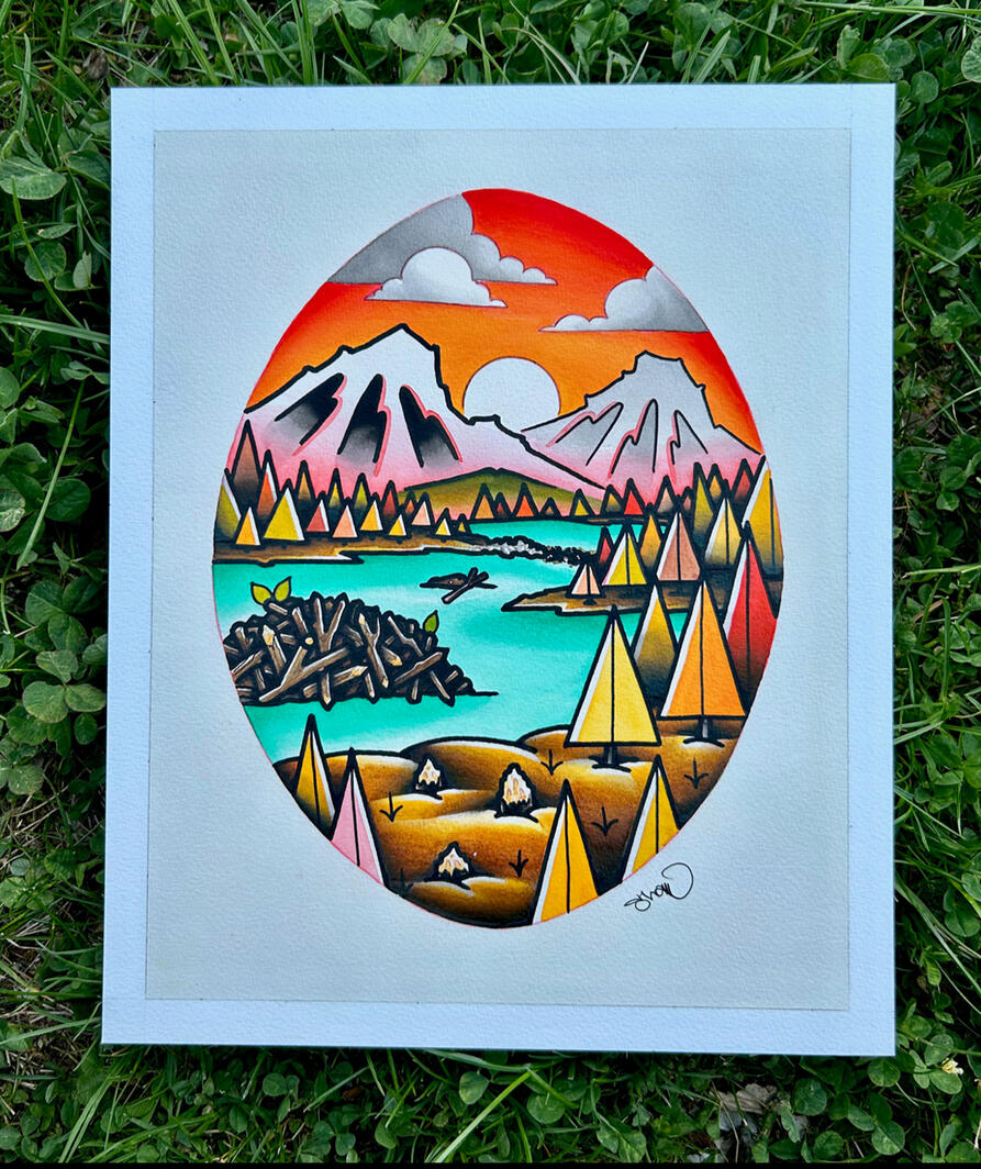 Lodge Original Painting, Acrylic and ink on illustration board, Painting Size- 8x10", Framed and Matted Size- 12x16"