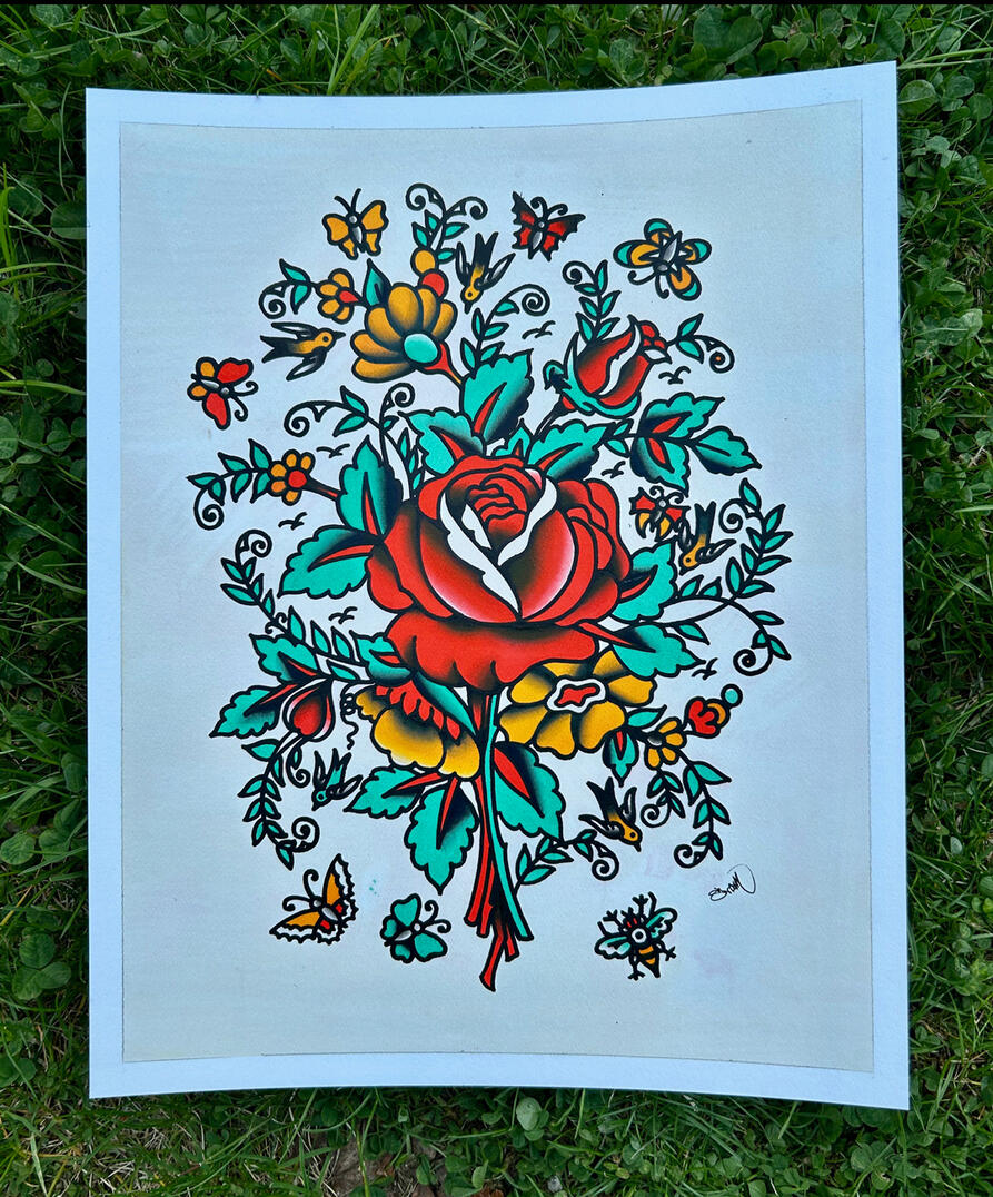 Bouquet Original Painting, Acrylic and ink on illustration board, Painting Size- 5x7", Framed and Matted Size- 8x10"