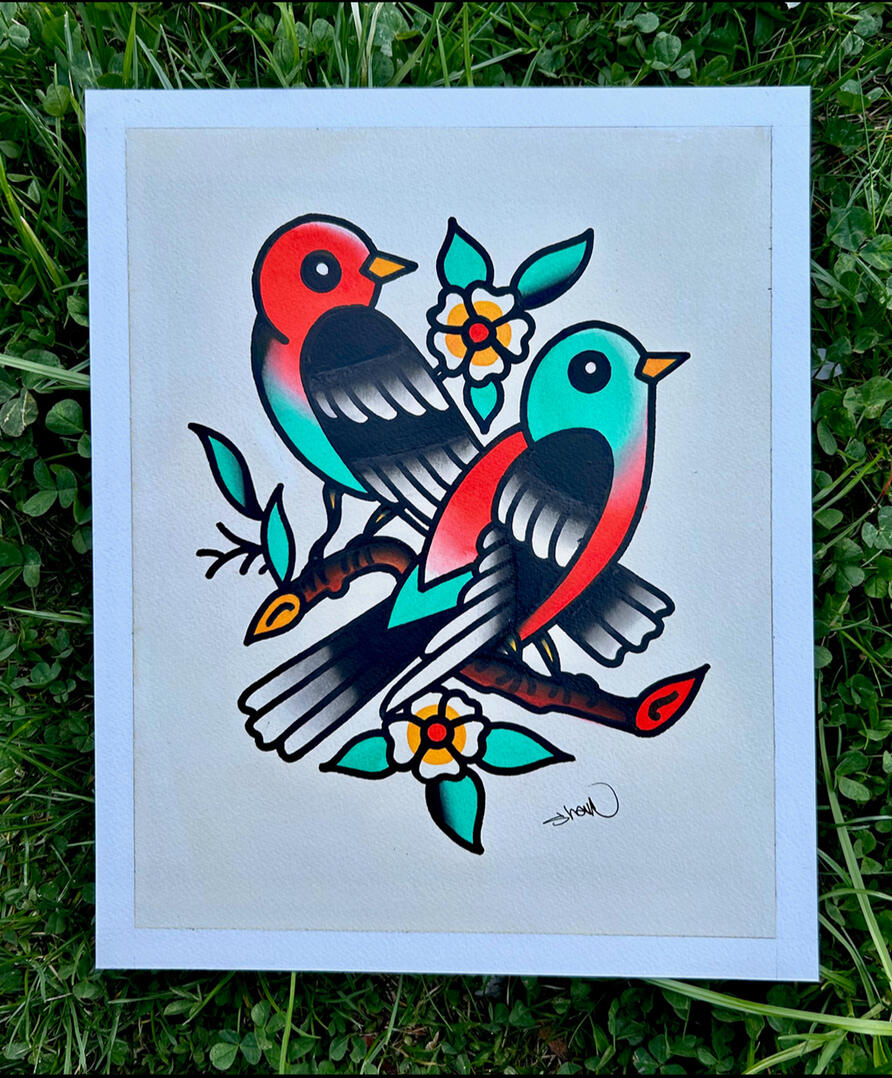 Two Birds Original Painting, Acrylic and ink on illustration board, Painting Size- 8x10", Framed and Matted Size- 12x16"