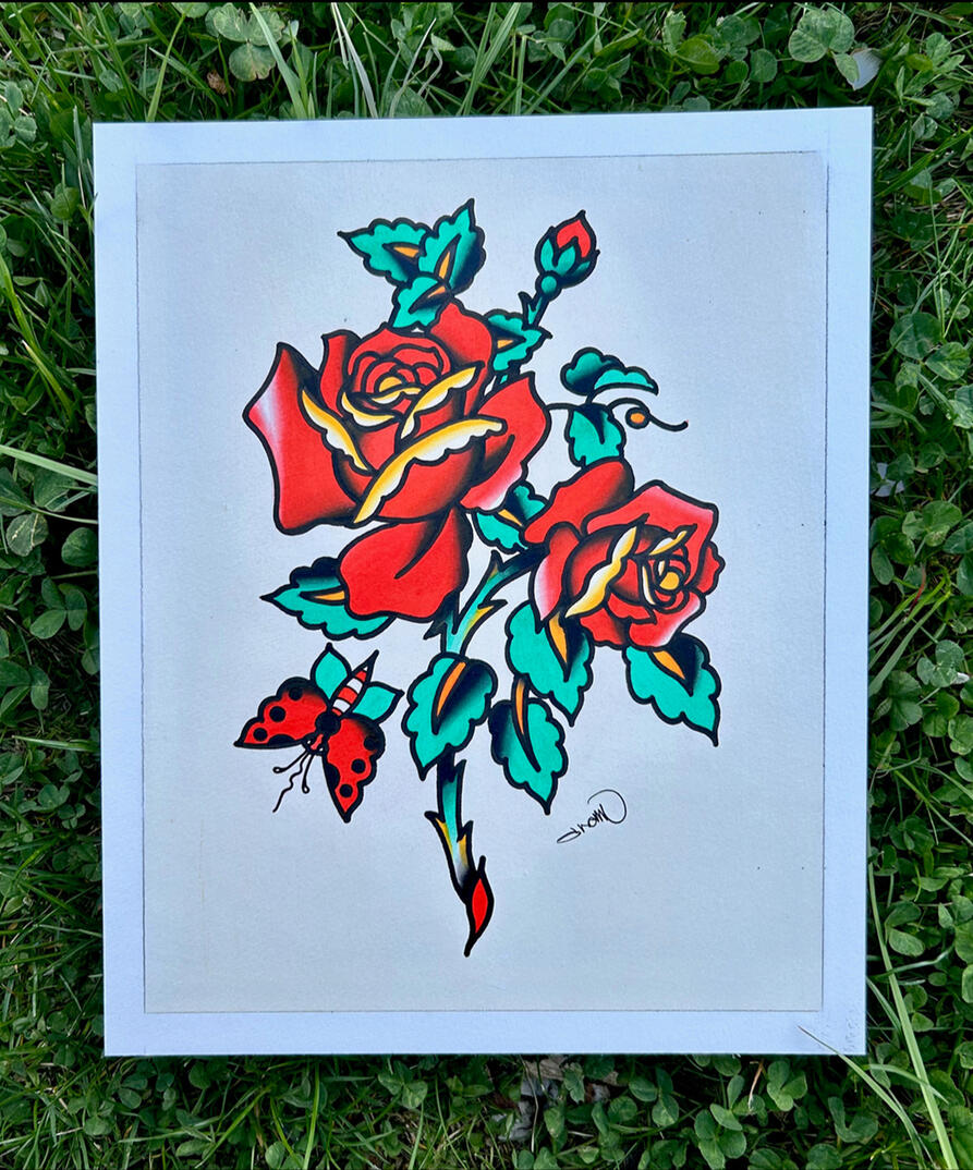 Roses and Butterfly Original Painting, Acrylic and ink on illustration board, Painting Size- 8x10", Framed and Matted Size- 12x16"