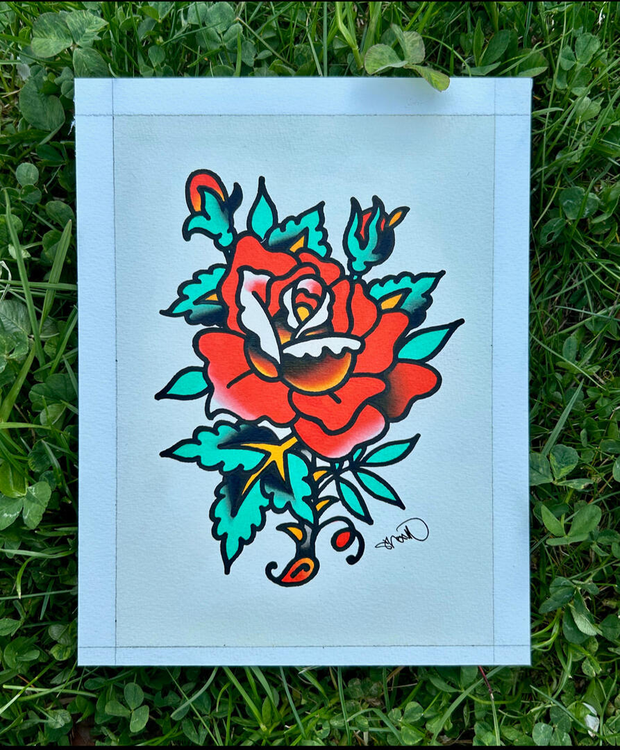 Red Rose Original Painting, Acrylic and ink on illustration board, Painting Size- 5x7", Framed and Matted Size- 8x10"