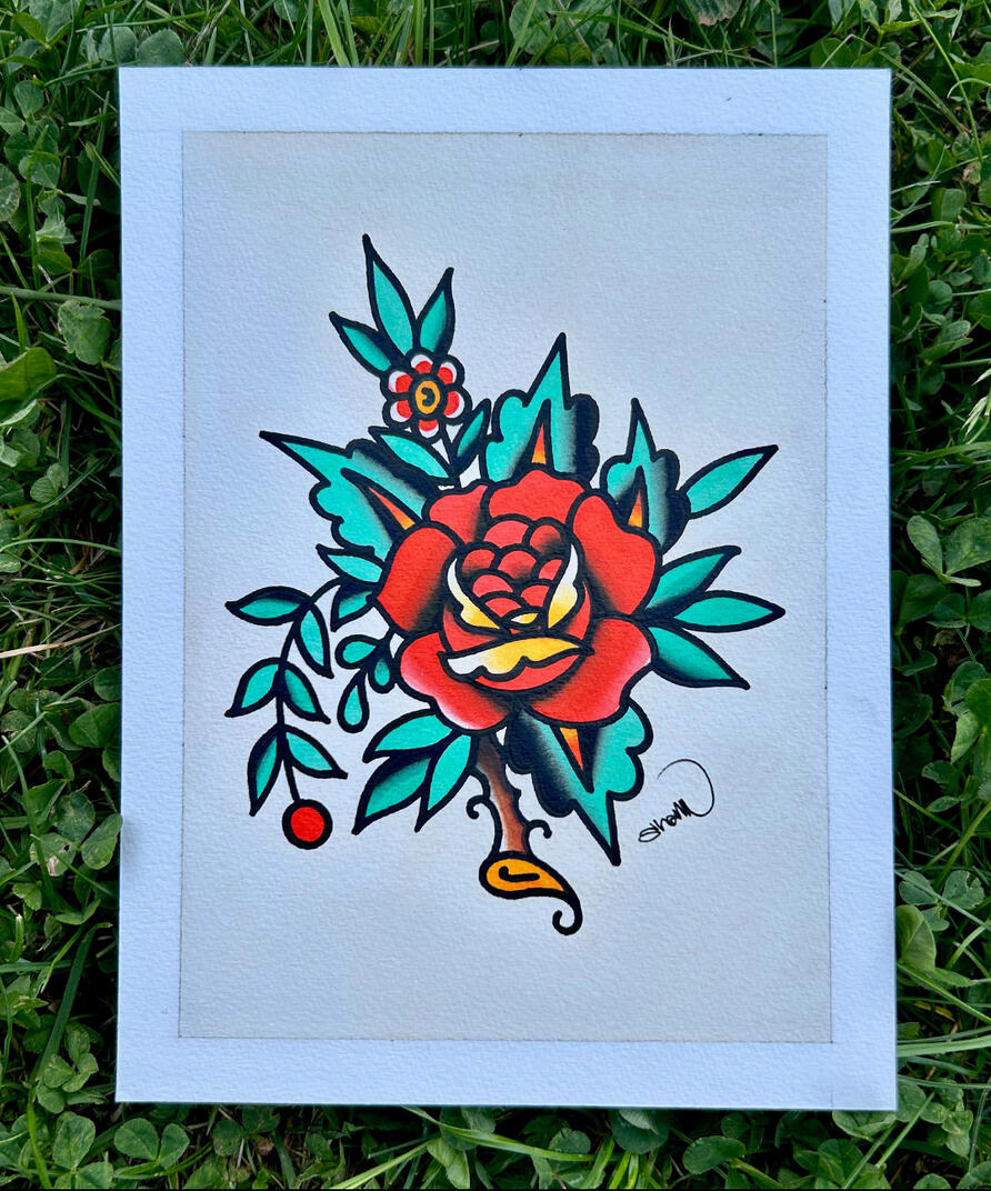 Red Rose 2 Original Painting, Acrylic and ink on illustration board, Painting Size- 5x7", Framed and Matted Size- 8x10"