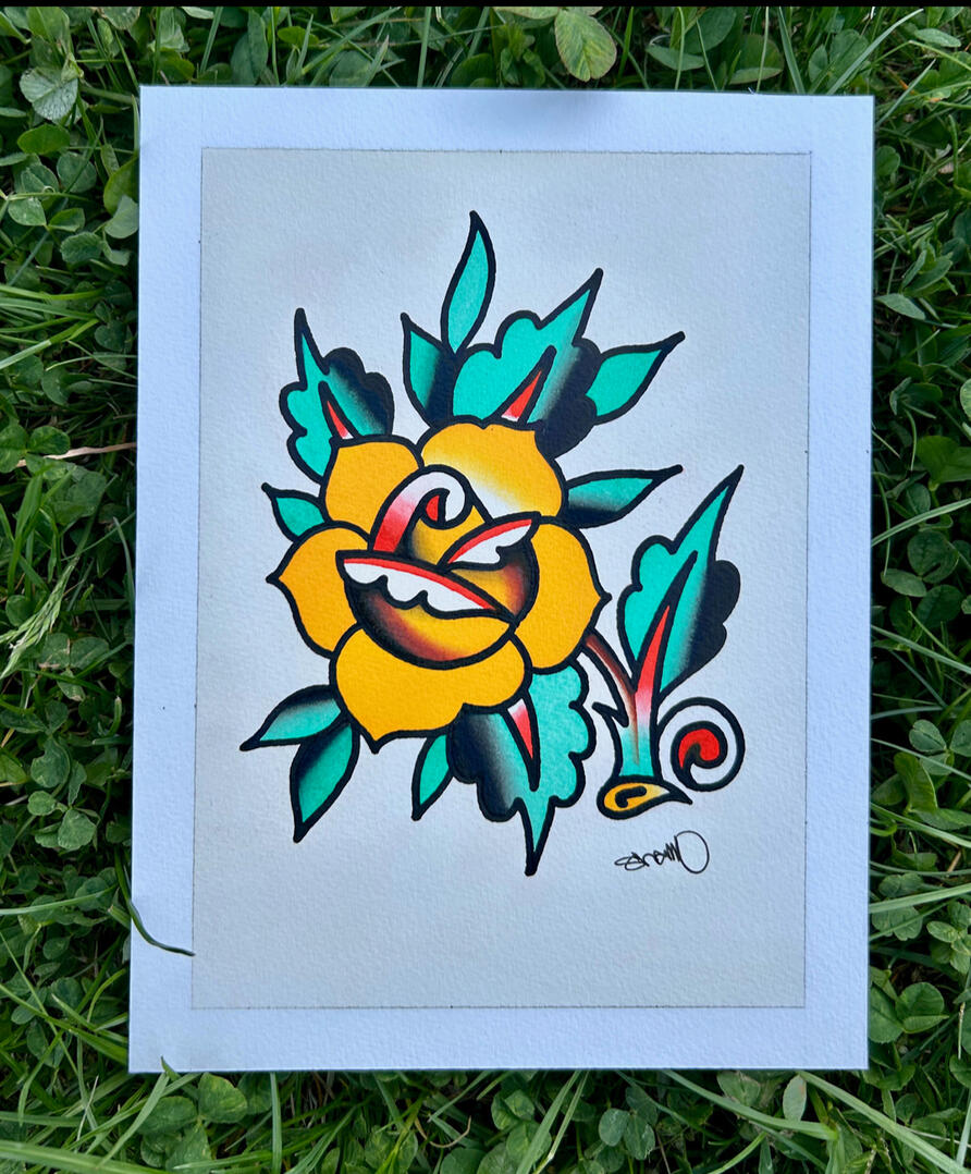 Yellow Rose Original Painting, Acrylic and ink on illustration board, Painting Size- 5x7", Framed and Matted Size- 8x10"