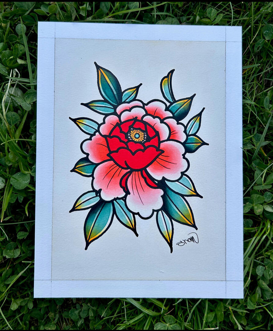 Peony Original Painting, Acrylic and ink on illustration board, Painting Size- 5x7", Framed and Matted Size- 8x10"